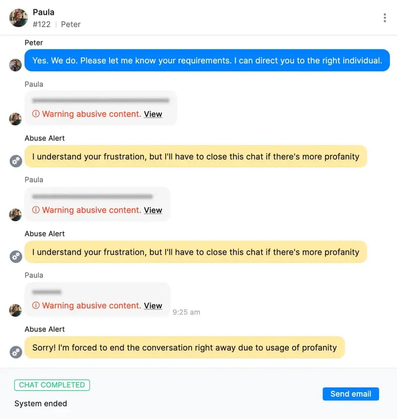 This image shows a chat where an abuse alert is triggered due to profanity, with the conversation ending after multiple warnings. Fusion Flow, with Zoho SalesIQ, helps businesses monitor and censor inappropriate content in live chats, ensuring professional and respectful interactions.