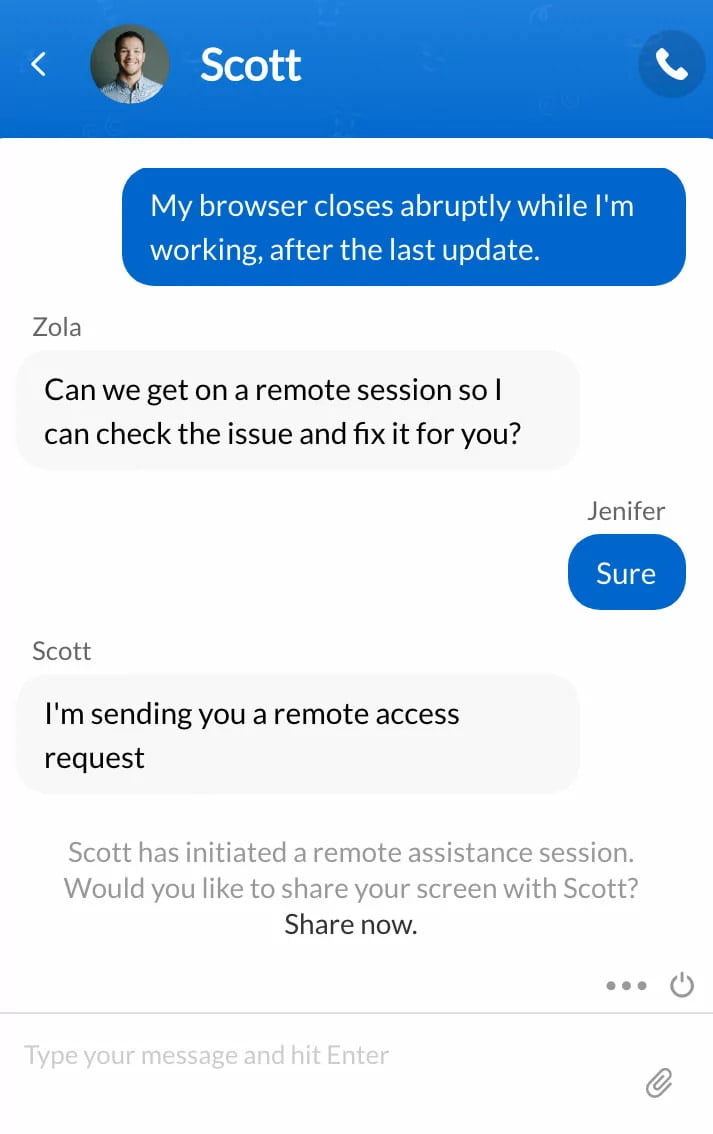 This image shows a conversation where Scott initiates a remote assistance session to help Zola with a browser issue. At Fusion Flow, we use Zoho SalesIQ to enable businesses to provide remote access, allowing for seamless troubleshooting and customer support directly through chat and screen sharing.