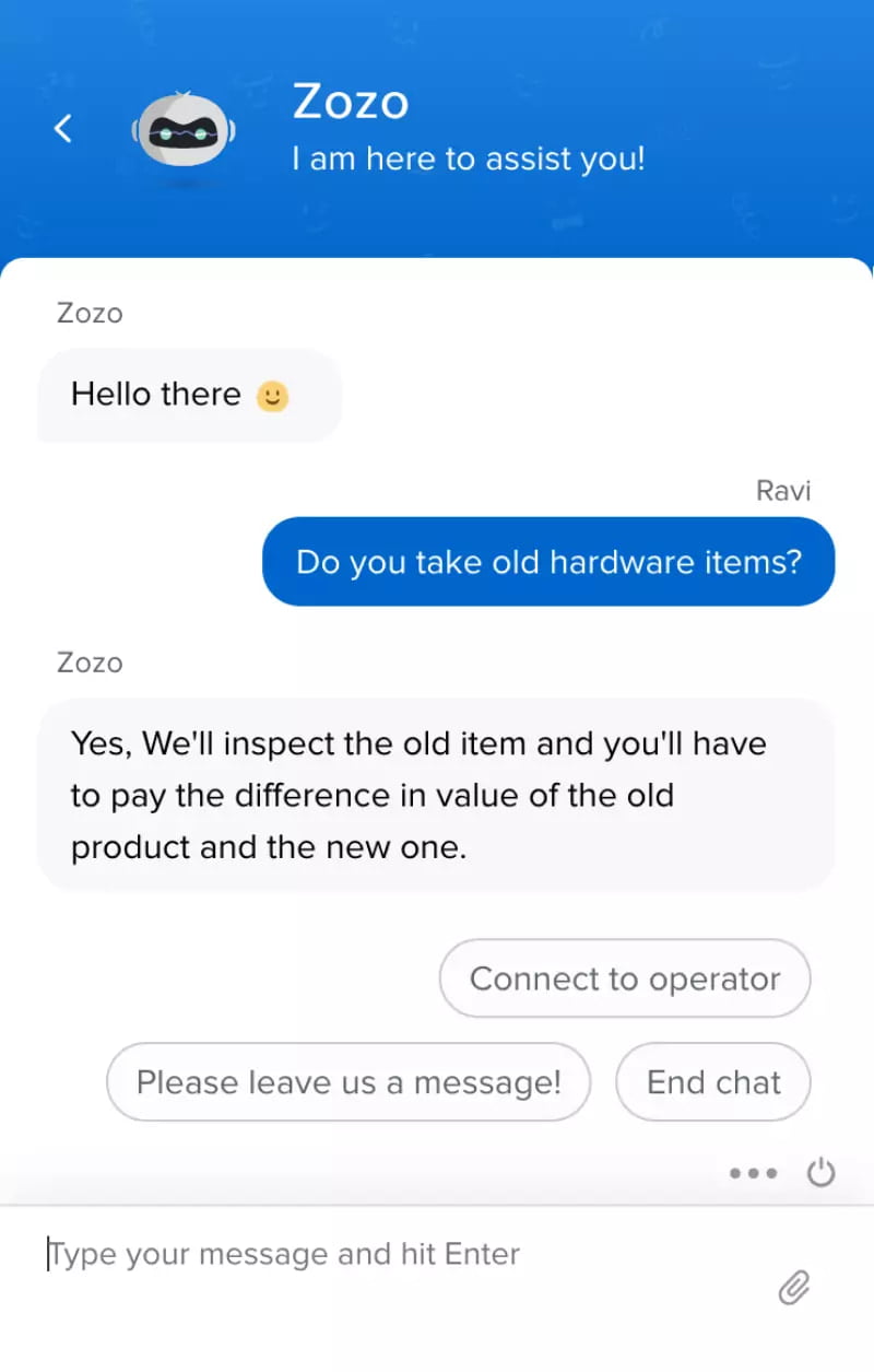 This image shows a conversation with the bot "Zozo," answering a question about accepting old hardware items. At Fusion Flow, we use Zoho SalesIQ to set up FAQ bots that provide quick, automated responses, enhancing customer service and improving efficiency.