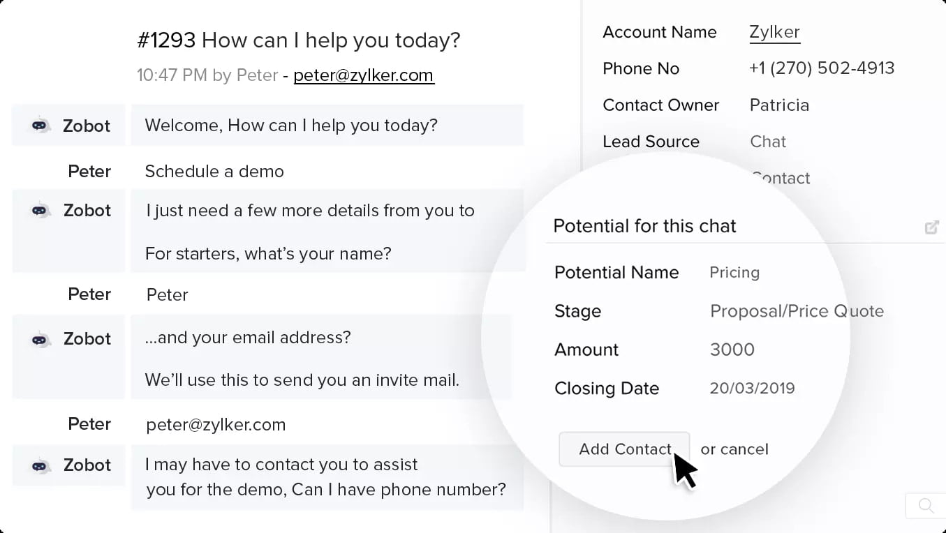 This image shows a chatbot collecting customer information, with lead details like name, email, phone number, and potential for a demo. At Fusion Flow, we help businesses capture leads with Zoho SalesIQ's one-click lead feature, enabling you to easily add contacts and track engagement instantly.