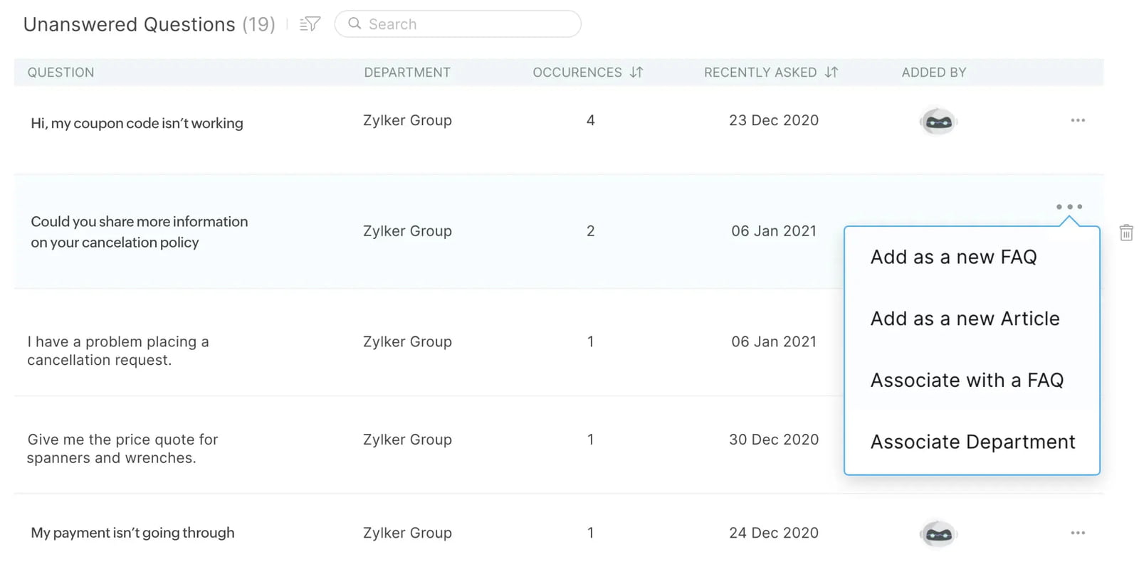 This image shows unanswered questions in Zoho SalesIQ, with options to add or associate FAQs and articles. At Fusion Flow, we help businesses streamline support by managing bot resources, automatically addressing customer queries with FAQs and articles for efficient service.