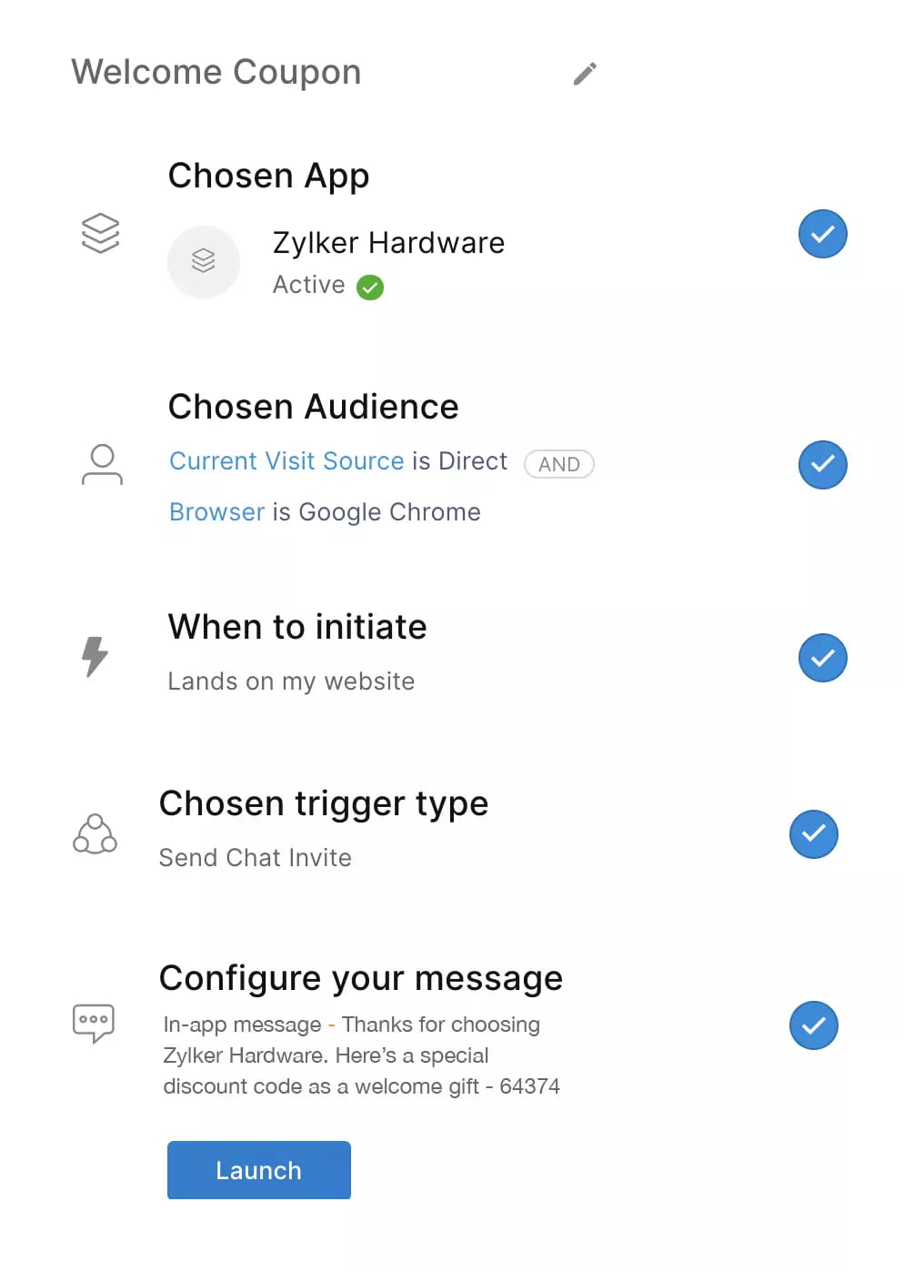 This image shows Zoho SalesIQ’s chat trigger setup, where a message is configured to trigger based on user actions such as landing on a specific page. At Fusion Flow, we can help you set up personalised chat triggers to engage visitors, drive conversions, and improve customer experience.