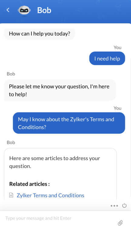 This image shows a customer interacting with a bot named Bob in Zoho SalesIQ, where Bob responds with relevant articles based on the user's query. At Fusion Flow, we help businesses set up auto-responses like this to provide instant answers to customers, enhancing engagement and efficiency.