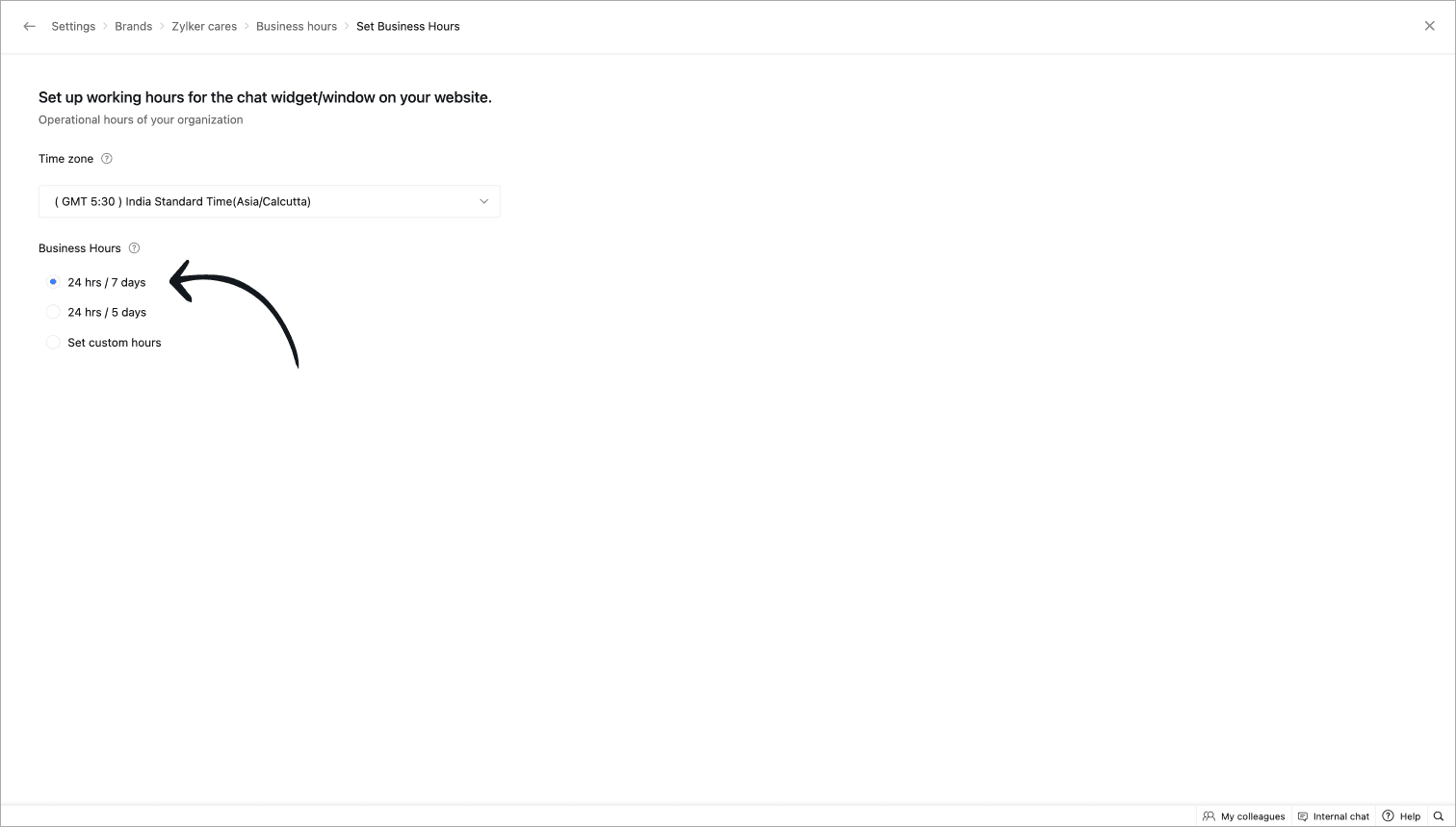 This image shows the settings for configuring business hours for a chat widget in Zoho SalesIQ. You can choose 24/7, 5 days a week, or set custom hours. At Fusion Flow, we help you tailor chatbot availability to align with your business hours, ensuring responsive customer service.