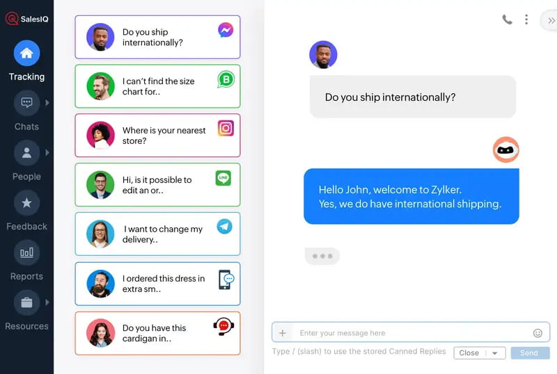 This image shows Zoho SalesIQ's interface with a list of common customer queries on the left and a chat conversation on the right. Fusion Flow, with Zoho SalesIQ, helps your business manage sales by using canned responses, automating replies, and enhancing customer support to boost efficiency.