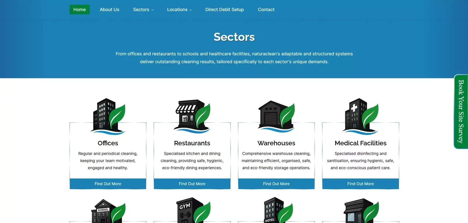Sectors section of naturaclean's website homepage.