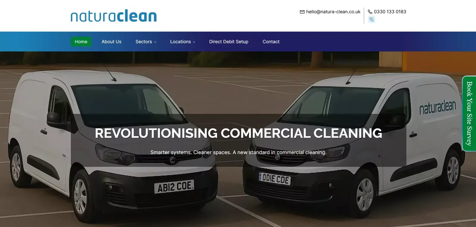 naturaclean's new site design utilises more colour, with a blue gradient menu. The title across the hero slide says "revolutionising commercial cleaning".
