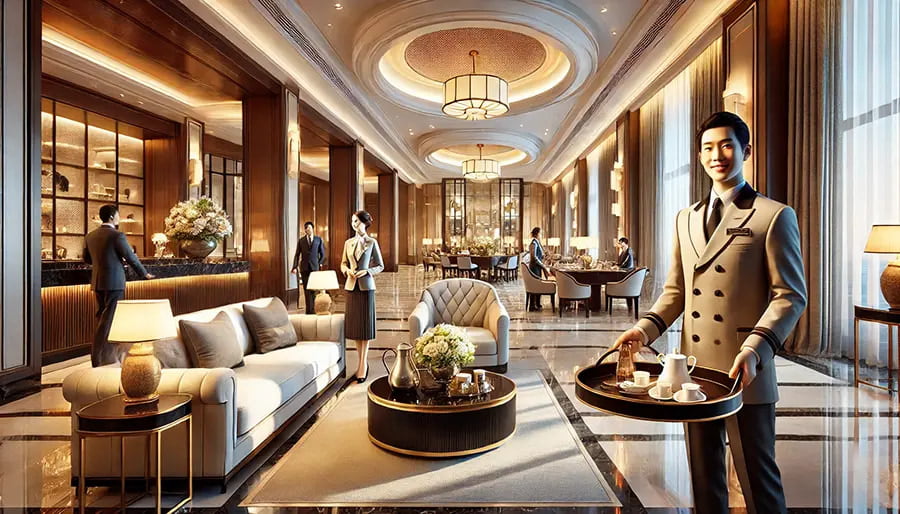 A luxurious hotel lobby with elegant decor, plush seating, and warm lighting. A smiling hotel staff member serves tea, reflecting high-quality hospitality. The image conveys the attentive service, comfort, and welcoming atmosphere that define exceptional hotel businesses.