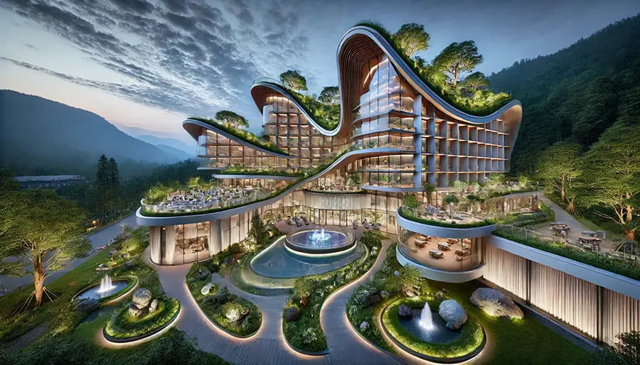 A stunning hotel with modern architecture, lush greenery, and luxurious amenities. Its innovative design, scenic location, and immersive guest experience highlight the unique selling points of hotel businesses, offering unforgettable stays that combine comfort and sophistication.