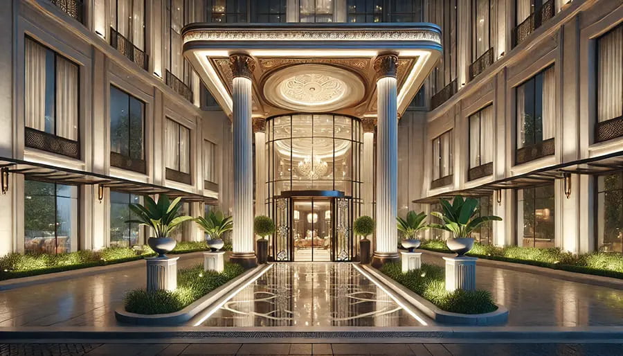 A grand hotel entrance with elegant columns, lush greenery, and warm lighting, creating a welcoming and luxurious atmosphere. The image reflects the ambience and comfort of hotel businesses, highlighting sophistication, attention to detail, and an inviting experience for guests.