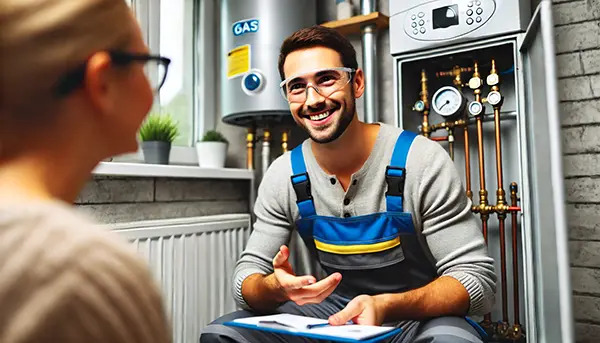 A friendly gas engineer engaging with a customer, explaining boiler maintenance and repair options. Their approachable demeanor, clear communication, and professional service highlight the commitment to excellent customer care, ensuring clients feel informed and confident in their heating solutions.