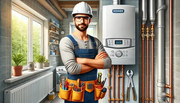 A skilled gas engineer standing beside a professionally installed boiler, equipped with safety gear and tools. The precise pipework and organised workspace highlight a commitment to safety, compliance, and industry standards, ensuring secure and efficient gas installations for homes and businesses.