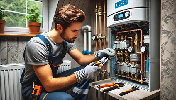 A skilled gas engineer meticulously repairing a boiler, using specialised tools to fine-tune its components. The precision in handling complex pipework and gauges highlights technical expertise, ensuring efficient, safe, and high-quality heating solutions for homes and businesses.