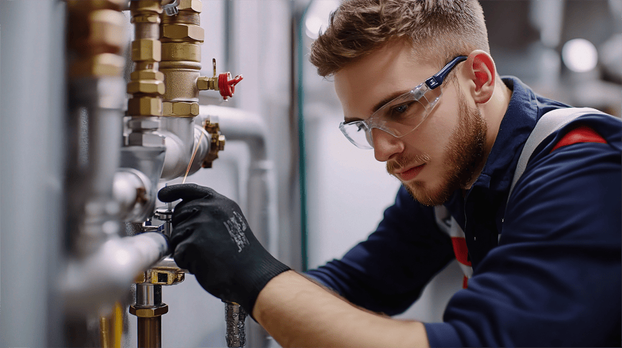 A skilled plumber wearing safety glasses and gloves works intently on a complex pipe system, adjusting a valve with precision. The image highlights professionalism, technical expertise, and attention to detail in plumbing and maintenance services.