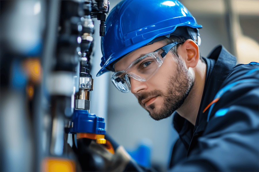 A skilled plumber wearing a blue hard hat and safety goggles carefully inspects a complex piping system. The image highlights the importance of preparation and safety in plumbing, showcasing a professional who is detail-oriented and committed to delivering reliable, high-quality service.