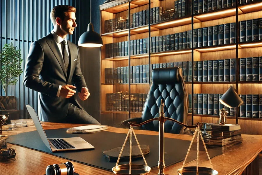 A professional solicitor standing confidently in a sophisticated law office, surrounded by legal books and symbols of justice. The setting reflects their expertise and specialisation, emphasising a deep understanding of legal matters and a commitment to providing expert legal guidance.