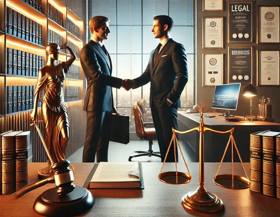 Two solicitors shaking hands in a prestigious law office, symbolising trust, professionalism, and a strong reputation. Surrounded by legal books, scales of justice, and credentials, the image reflects confidence, integrity, and expertise, showcasing the solicitor's commitment to client success.