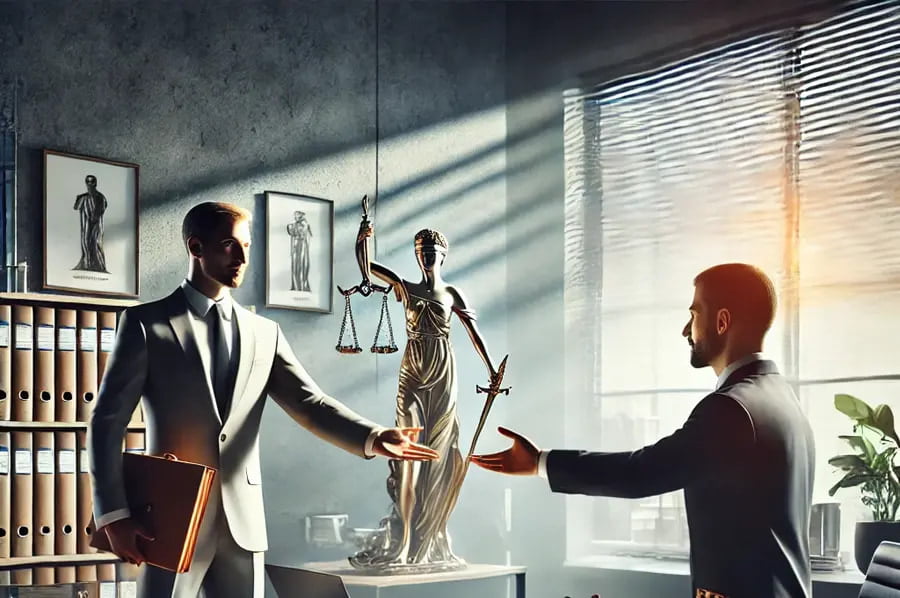 Two solicitors shaking hands in a well-lit office, symbolising efficiency and results-driven service. The scales of justice reinforce their commitment to fair outcomes, while organised legal files highlight their meticulous approach to delivering successful results for their clients.