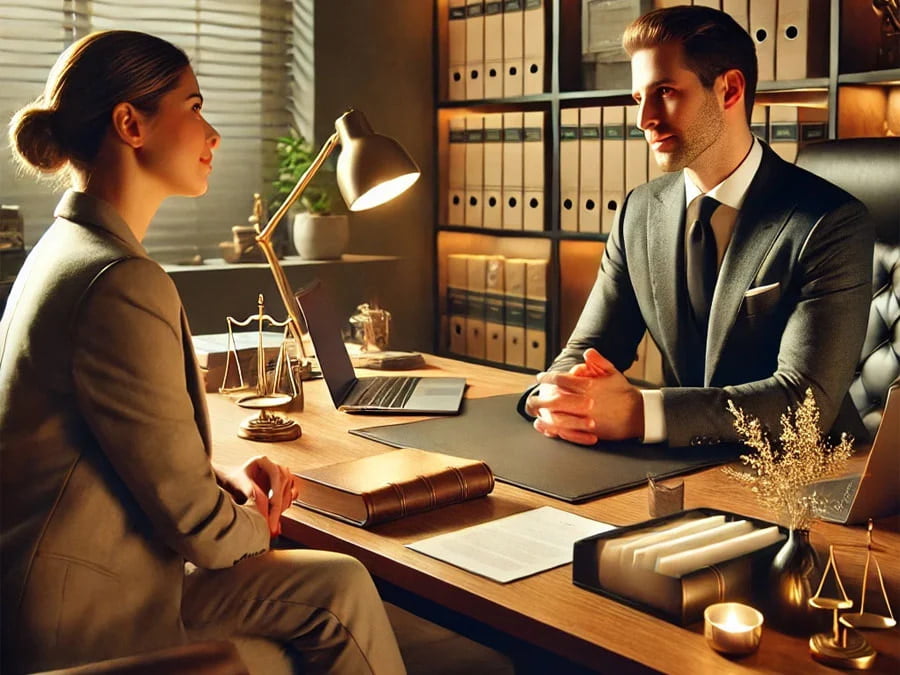 A solicitor and client engaging in a professional discussion in a well-organised law office, emphasising trust, clear communication, and strong client relationships. The setting reflects the solicitor’s dedication to providing personalised legal advice and ensuring clients feel heard and supported.