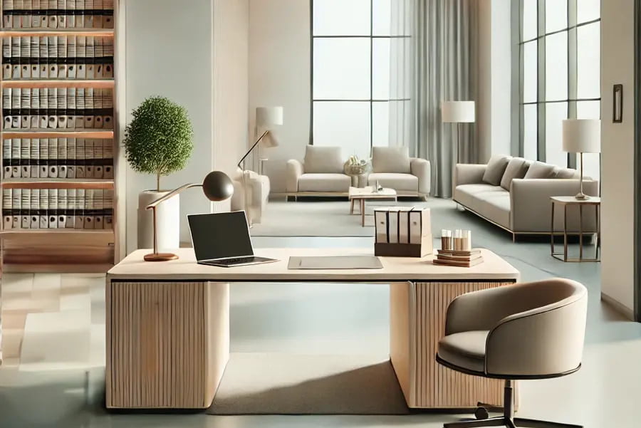 A modern, well-lit solicitor’s office with sleek furniture and organised legal files, creating a professional yet welcoming atmosphere. The open space and comfortable seating reflect the professional environment, ensuring clients feel at ease while receiving expert guidance in a trusted environment.