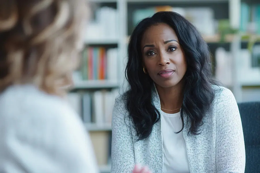A therapist listening attentively to a client, demonstrating professionalism and integrity in a safe, confidential setting. The compassionate interaction highlights a commitment to providing high-quality care while respecting the client's needs.