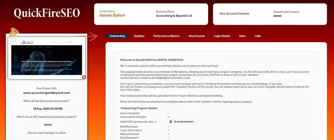 This image shows the QuickFireSEO project dashboard for Accounting & Beyond Ltd, displaying onboarding progress for their SEO campaign. Key elements include project status updates, performance metrics, and contact details. At QuickFireSEO, we help accountants manage and track their SEO strategies transparently through our client portal.