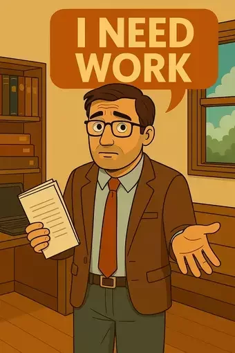 This image shows a cartoon-style illustration of a concerned accountant standing in an office, holding documents with an orange speech bubble above reading "I NEED WORK." At QuickFireSEO, we help accountants attract clients and improve online visibility with targeted SEO strategies.