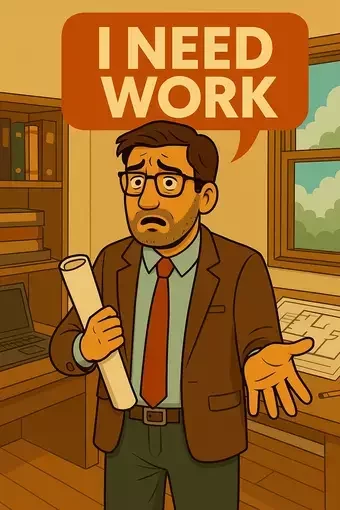 This image shows a distressed male architect in a brown suit holding a rolled-up blueprint, standing in an office with architectural plans and a laptop in the background. An orange speech bubble above him reads "I NEED WORK." At QuickFireSEO, we help architecture firms get found online with local SEO, generating more leads and client enquiries.