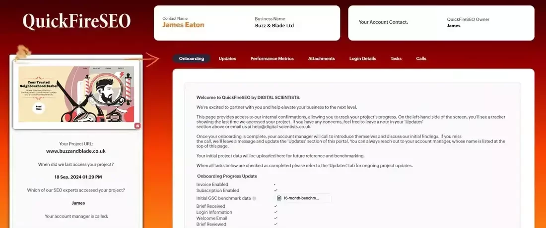 This image shows the QuickFireSEO client portal for Buzz & Blade Ltd, a barber business. The portal displays onboarding progress, account contact details, and a preview of the client’s website, which features a bold graphic design with the headline “Your Trusted Neighbourhood Barbers.” At QuickFireSEO, we help barbers like Buzz & Blade grow online with transparent SEO tracking and strategy execution.