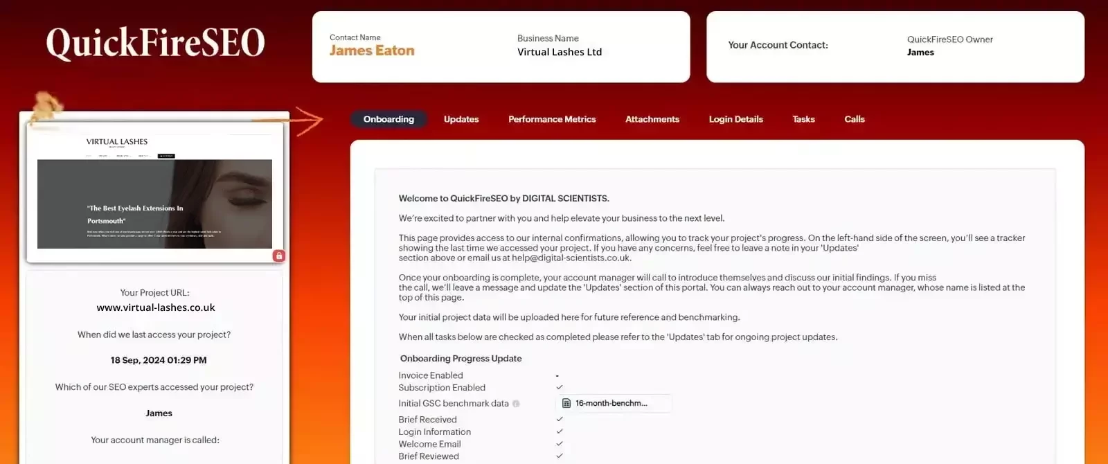 An image of the QuickFireSEO portal displaying a project dashboard for a beauty salon. It shows details about the business, project URL, and project progress with an onboarding section for SEO tasks and updates.