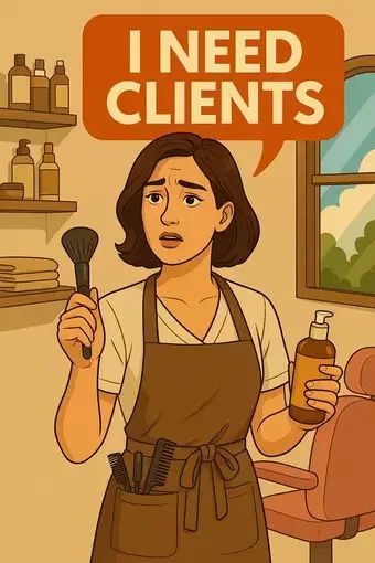 A beauty salon professional holding a makeup brush and skincare bottle, looking concerned with the speech bubble 'I NEED CLIENTS' above her, set in a salon environment with shelves of beauty products.
