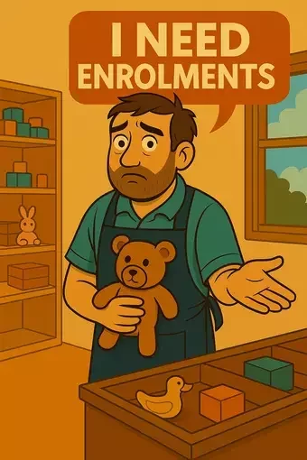 A warm, cartoon-style illustration of a concerned childcare worker standing in a playroom, holding a teddy bear and gesturing with one hand. Behind him are shelves stocked with toys and a window showing a sunny outdoor scene. Above his head is an orange speech bubble with bold white text reading “I NEED ENROLMENTS.”