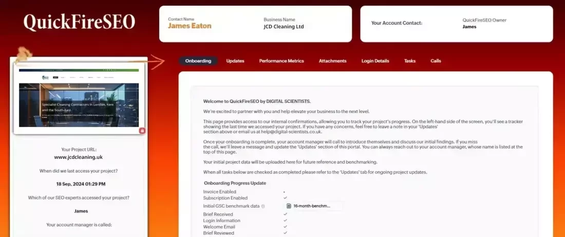 Screenshot of the QuickFireSEO client portal showing onboarding details for JCD Cleaning Ltd. The page includes project information, progress updates, and contact details for the SEO team. The interface is designed to track project milestones and provide transparency for clients