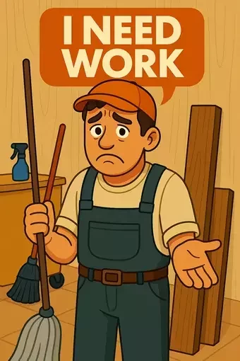 Image of a distressed cleaner holding a mop and broom, standing in front of a wooden background. A large orange speech bubble above his head reads 'I NEED WORK,' symbolising a cleaning professional seeking more job opportunities