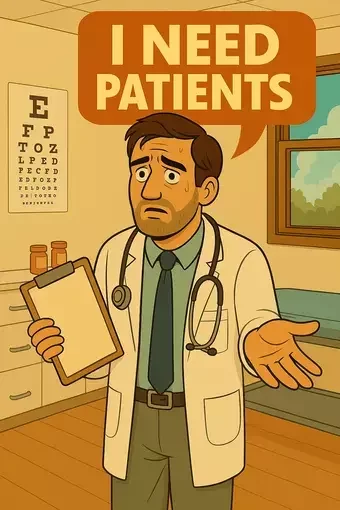 This image shows a distressed doctor standing in a clinic exam room holding a clipboard, with a stethoscope around his neck and an eye chart on the wall behind him. A speech bubble above his head reads "I NEED PATIENTS." On our SEO for Clinics page, it highlights the urgency of attracting new clients through local SEO.