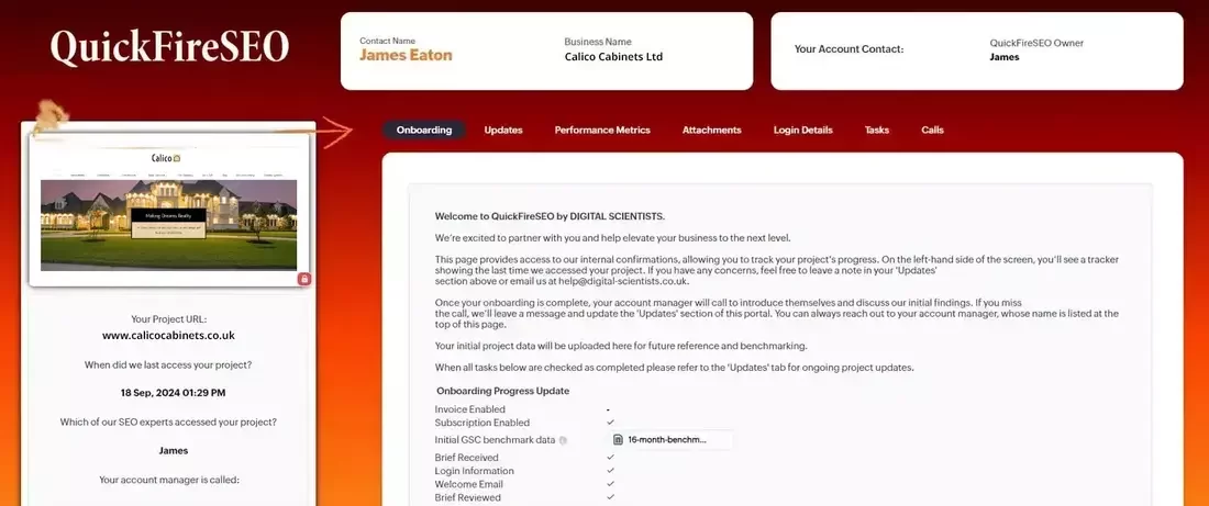 This image shows the QuickFireSEO client portal dashboard for a construction-related project with Calico Cabinets Ltd. On the left side is a screenshot of the client’s website, showing their homepage and project details, including the URL, last access date, and assigned SEO expert. On the right is the onboarding section, displaying a welcome message, project overview, and progress checklist.