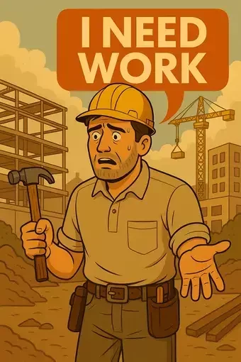 This image shows a cartoon-style construction worker standing on a building site, holding a hammer and looking worried. He’s wearing a hard hat, tool belt, and a beige polo shirt. A large orange speech bubble above his head reads “I NEED WORK.” In the background are cranes, scaffolding, and a partially built structure.