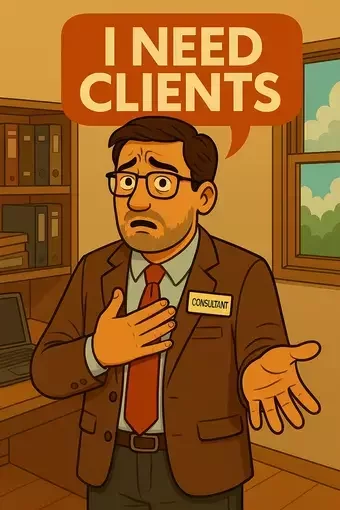 An image of a distressed consultant standing in an office, wearing a brown suit and glasses. He has a worried expression and is holding his chest with one hand, while an orange speech bubble above his head reads 'I NEED CLIENTS.' The background shows bookshelves and a window with a view