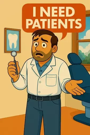 A vibrant cartoon of a worried dentist standing in his office, wearing a white lab coat over a blue shirt and holding a dental mirror. Behind him is a dental chair and a framed tooth illustration. Above his head is an orange speech bubble reading “I NEED PATIENTS.”