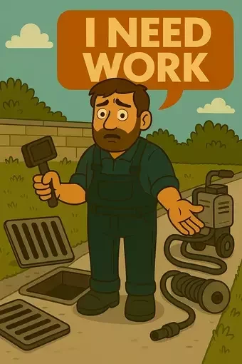 A cartoon-style illustration of a worried drainage technician standing on a paved path beside an open storm drain. He wears dark overalls and holds a drain-cleaning tool in one hand, gesturing with the other. Beside him is a portable drain-cleaning machine with hoses coiled at his feet. Above his head is an orange speech bubble reading “I NEED WORK.”