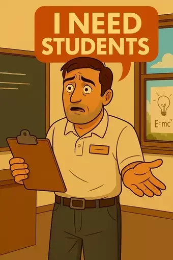 An illustration of a teacher standing in a classroom, holding a clipboard and looking concerned. A speech bubble above him says 'I NEED STUDENTS,' highlighting the need for more students. The classroom has a chalkboard and a window with a view of an inspiring light bulb diagram.