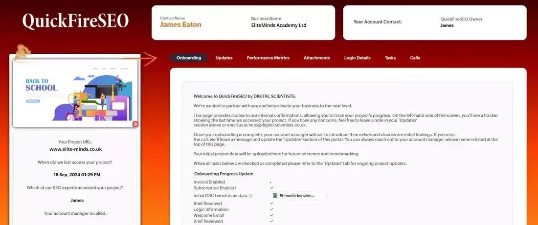 Screenshot of the QuickFireSEO onboarding page showing project details for EliteMinds Academy Ltd, including project URL, onboarding progress, and account contact.