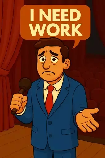 An image of a distressed performer standing on stage in a blue suit, holding a microphone and looking for work. Above him, an orange speech bubble reads 'I NEED WORK,' with a background of red velvet curtains and empty theatre seats
