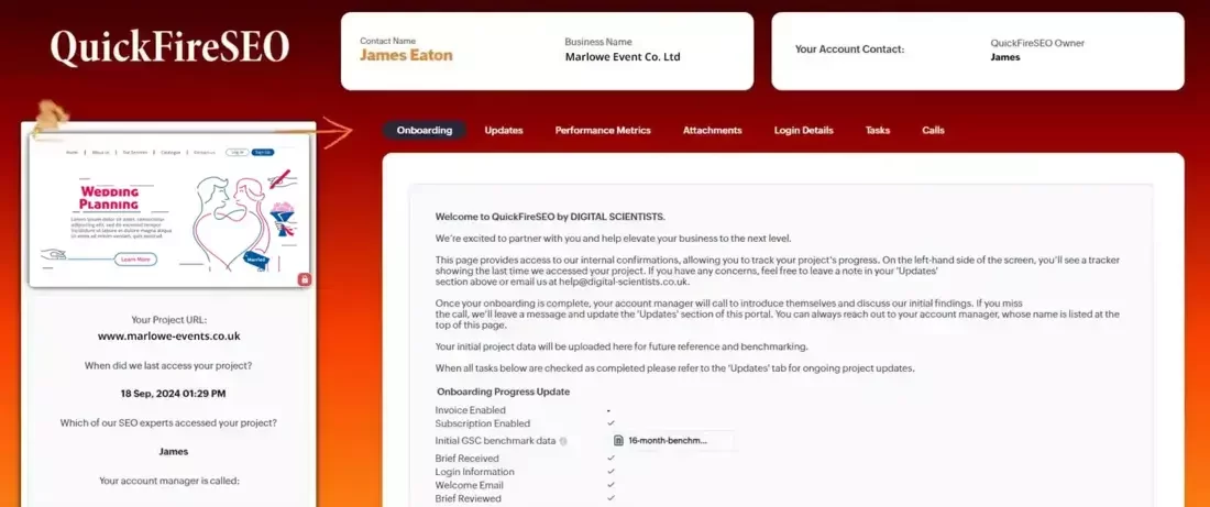 This screenshot shows the QuickFireSEO client portal dashboard for Marlowe Event Co. Ltd. The left side displays the project URL, last access date, and account manager details. On the right, the Onboarding tab is active, listing progress steps like “Invoice Enabled,” “Brief Received,” and “Welcome Email.” Top navigation includes Updates, Performance Metrics, Attachments, Login Details, Tasks, and Calls.