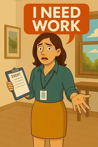 This image shows a cartoon-style illustration of a concerned event planner standing in a room, holding a clipboard labeled “Event” and gesturing with her hand. A speech bubble above her reads “I NEED WORK.”