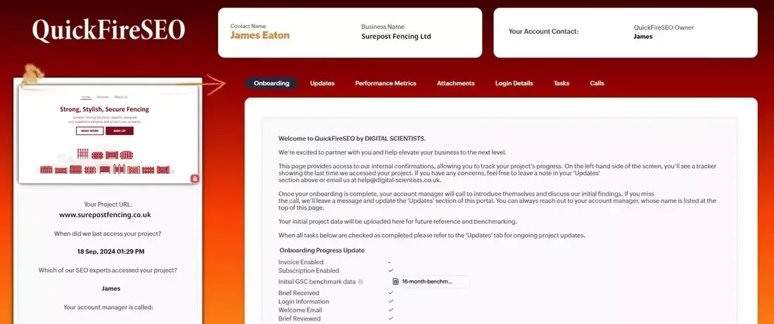 This image shows the client dashboard for Surepost Fencing Ltd within the QuickFireSEO portal. It displays onboarding progress, including completed steps such as invoice activation, subscription, and login information. The project URL and account manager details are visible on the left, with a website preview that features the headline “Strong, Stylish, Secure Fencing.” This visual illustrates how fencing businesses track their SEO performance and project milestones through QuickFireSEO.