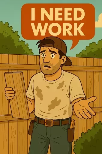 This image shows a cartoon-style illustration of a worried fencing contractor standing in front of a wooden fence, holding a plank of wood with one hand and gesturing helplessly with the other. He’s wearing a dirty t-shirt, work belt, and backwards cap, with a speech bubble above his head that reads “I NEED WORK.” On the SEO for Fencers page, this image highlights the challenges many tradespeople face when trying to attract new customers online.