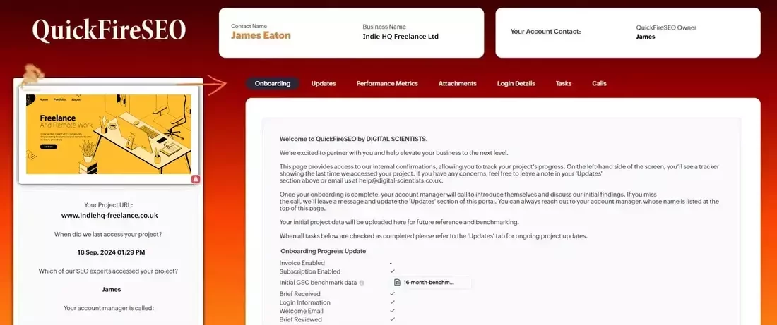This image shows the QuickFireSEO client portal dashboard for a freelance SEO project. It includes tabs for onboarding, updates, performance metrics, tasks, and more. The interface displays the freelancer’s name, business name, account contact, and onboarding progress.
