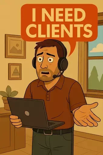 This image shows a cartoon-style freelancer standing indoors with a headset and laptop, looking stressed and overwhelmed. A large orange speech bubble above his head reads "I NEED CLIENTS." On our SEO for Freelancers page, this visual represents the frustration of inconsistent work and highlights the importance of a strong online presence to attract steady enquiries.