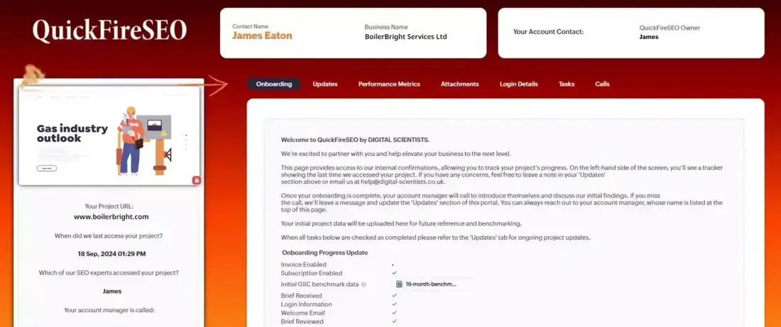 Screenshot of the QuickFireSEO client portal showing the onboarding section for BoilerBright Services Ltd. The page includes project details, onboarding progress updates, and contact information for the account manager. The interface allows clients to track their SEO project’s progress and stay informed